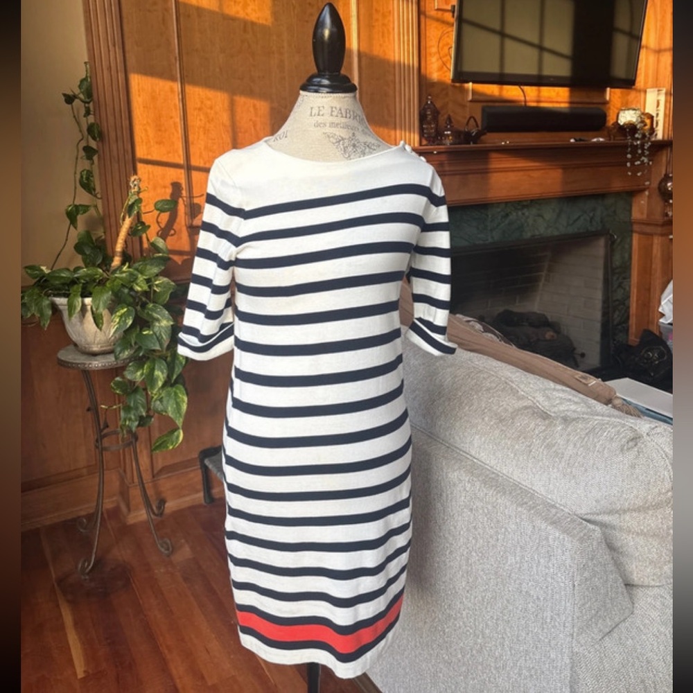 Navy & White Striped Dress with Red Accent